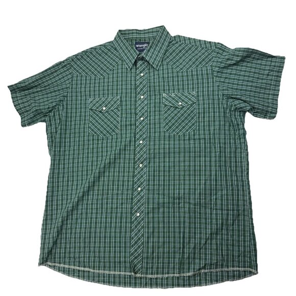 Wrangler Mens 2XT Tall Green Plaid Pearl Snap Short Sleeve Button Up Shirt - Picture 1 of 5